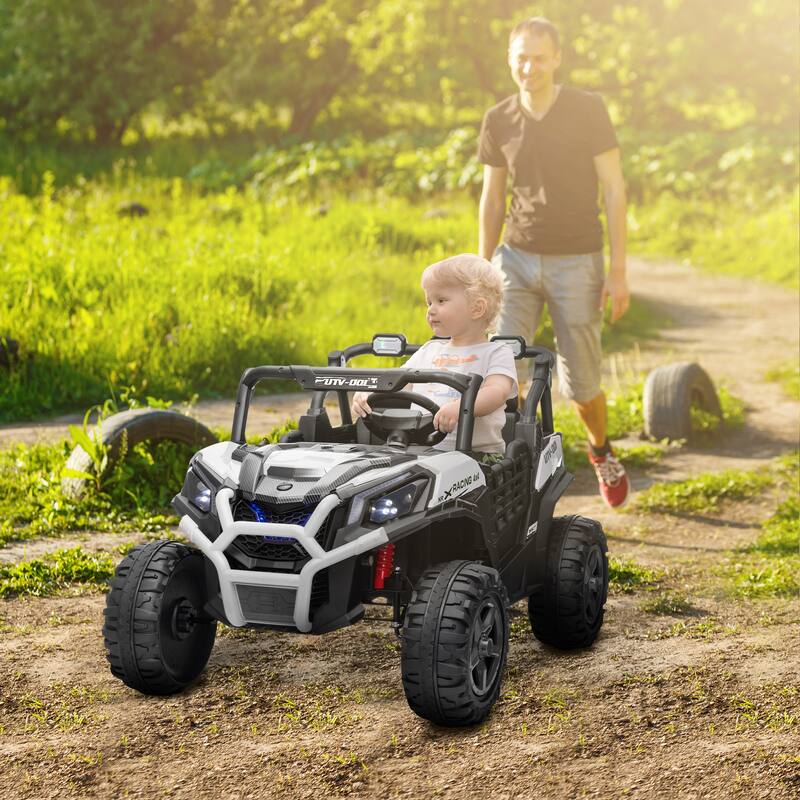 Qaba 24V Kids Electric Car, 2 Seater with Remote Control, Spring Suspension, LED Lights, Music, Horn - White