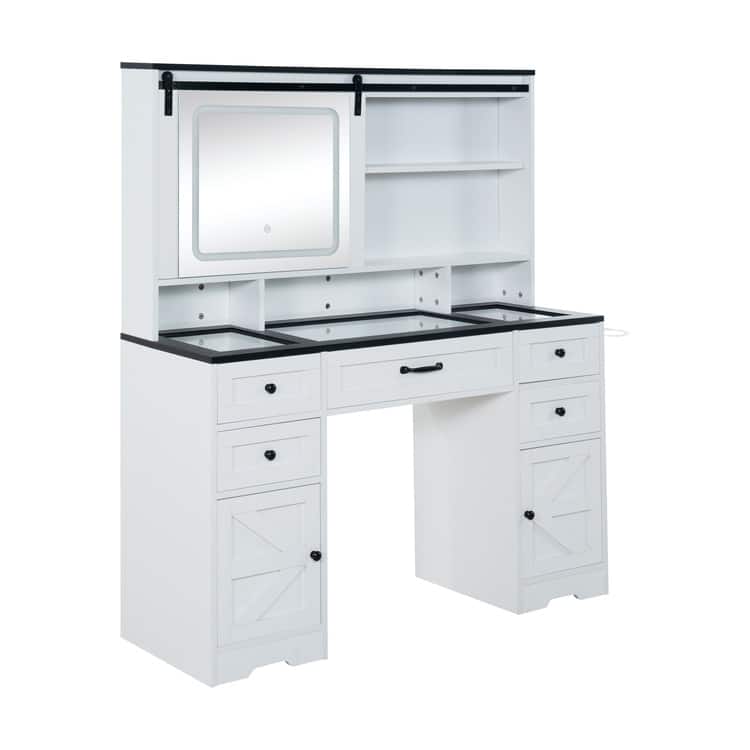 White Vanity Desk with Adjustable Sliding Mirror & Built-in Lights