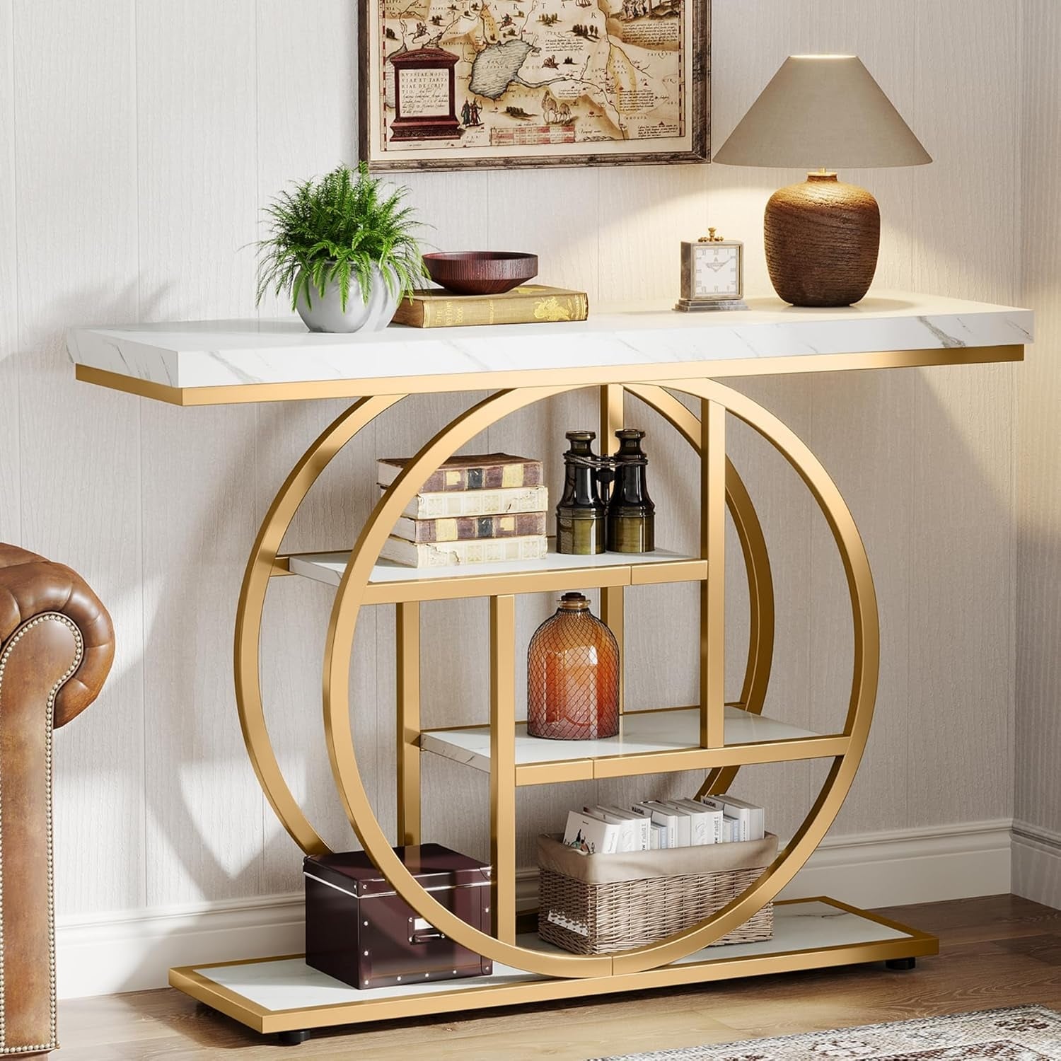 41.3" Console Table, Industrial 4-Tier Entryway Table with Circle Base - 41.3" W x 11.8" D x 31.5" H