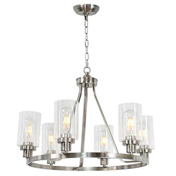 6 light island glass round chandelier with rubbed nickel finish. Opens flyout.