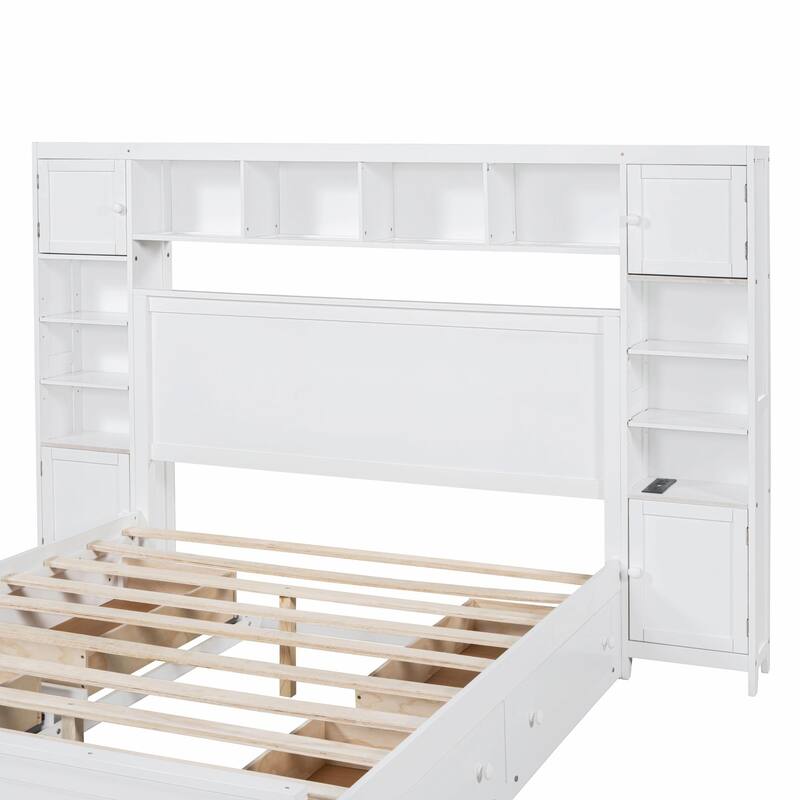 Wooden Bed with Built-in Cabinet, Shelf, and Sockets