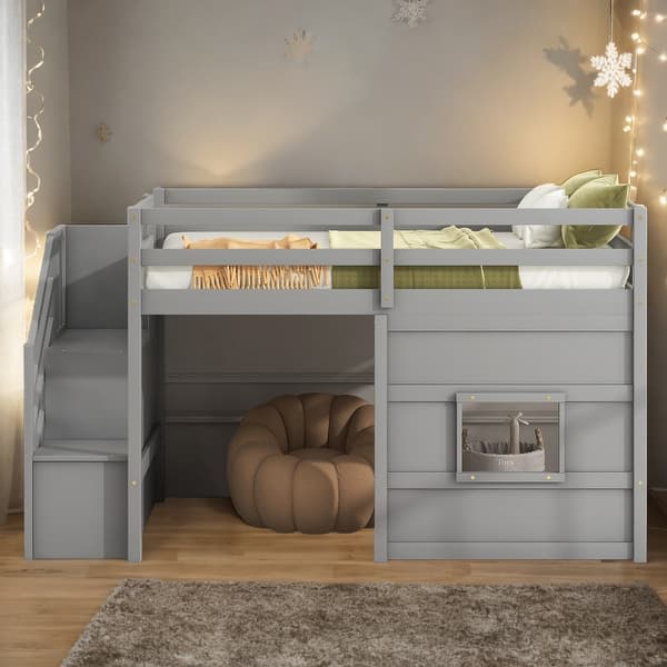 slide 2 of 18, Twin Size Loft Bed with Storage Staircase, Window & Guardrails, Pine Wood Frame, No Box Spring Needed, Gray