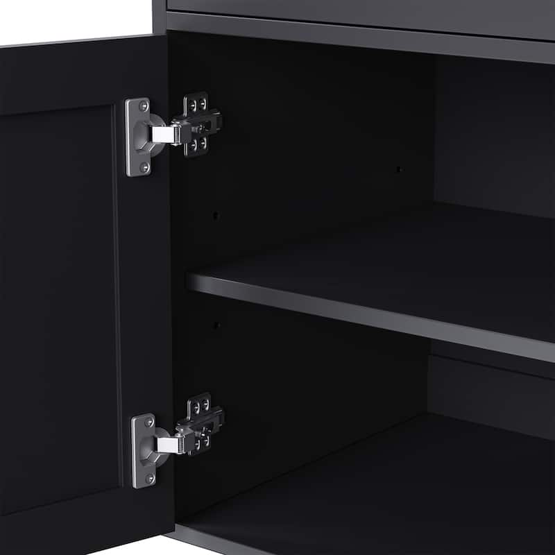 Black + Dark Walnut Farmhouse TV Entertainment Center with Bookshelves & Tempered Glass Doors for TVs Up to 70"
