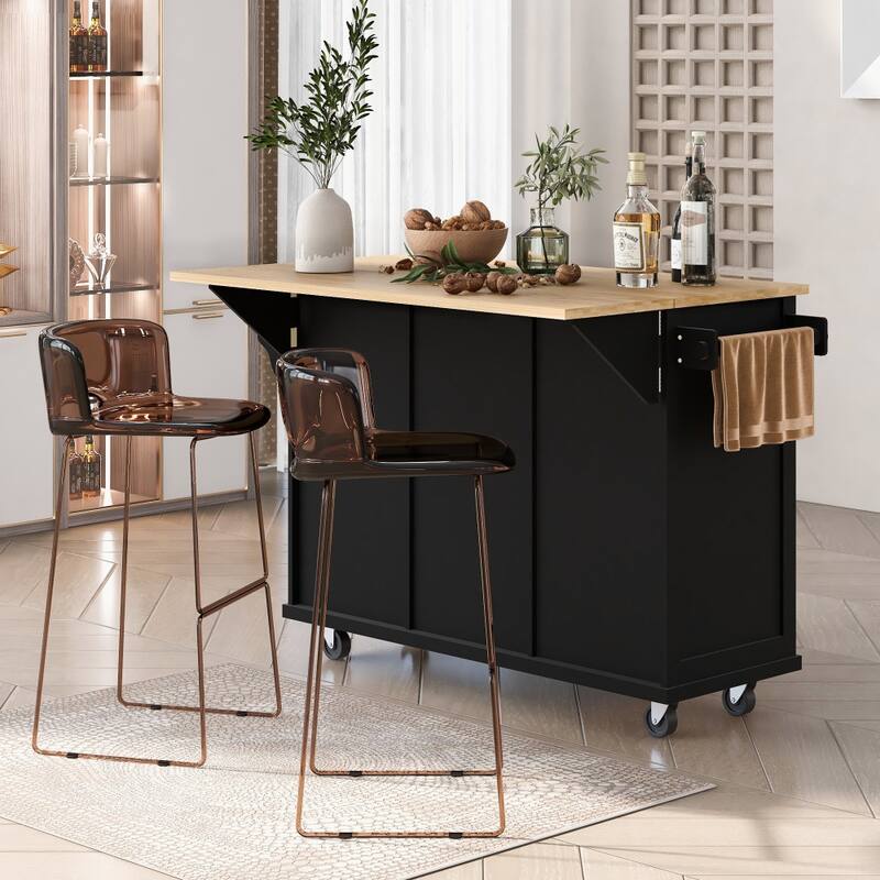Black Kitchen Island on 5 Wheels with Storage Cabinet and 3 Drawers