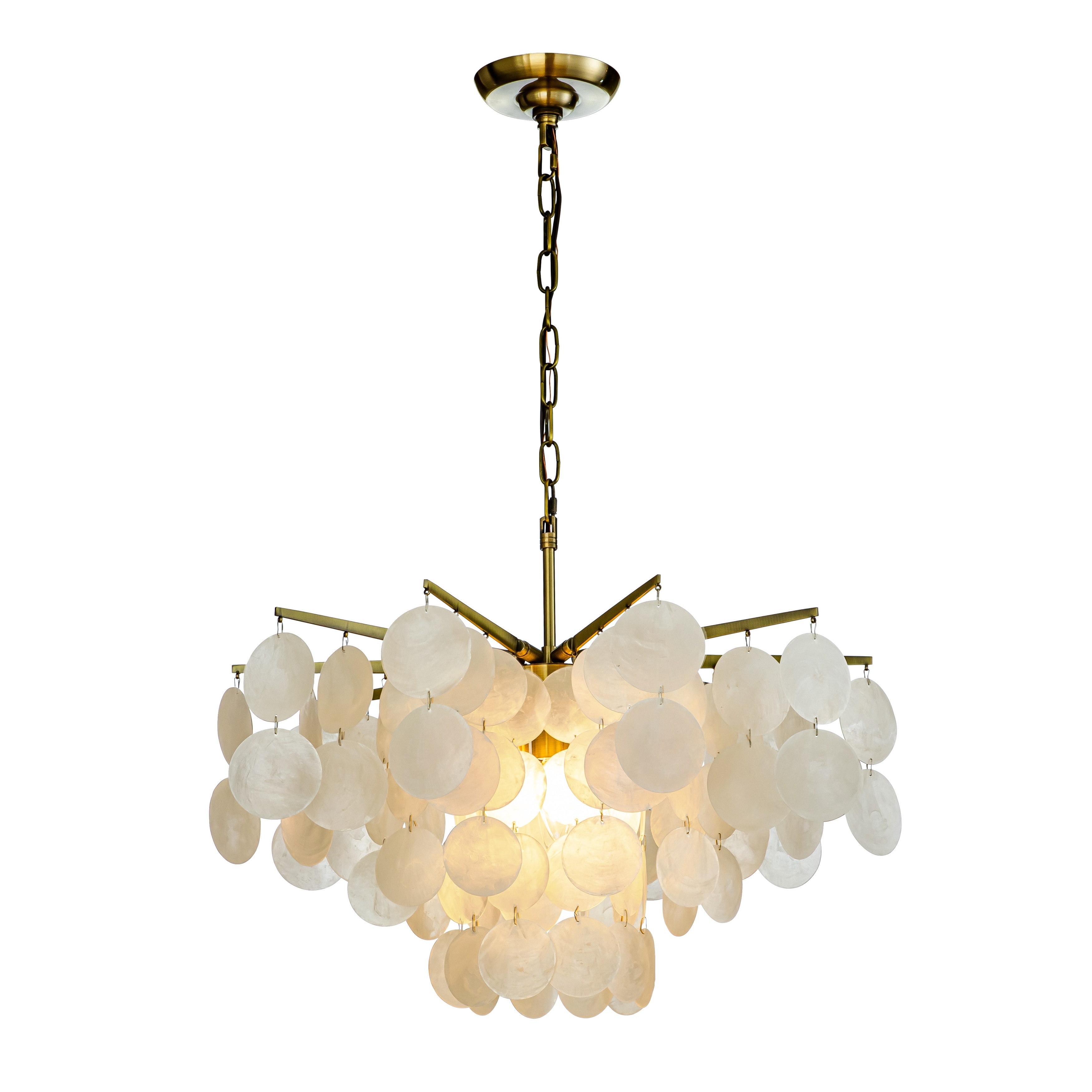 3-Light Coastal Natural Capiz Shell Tiered Chandelier With Square Antique  Gold Frame