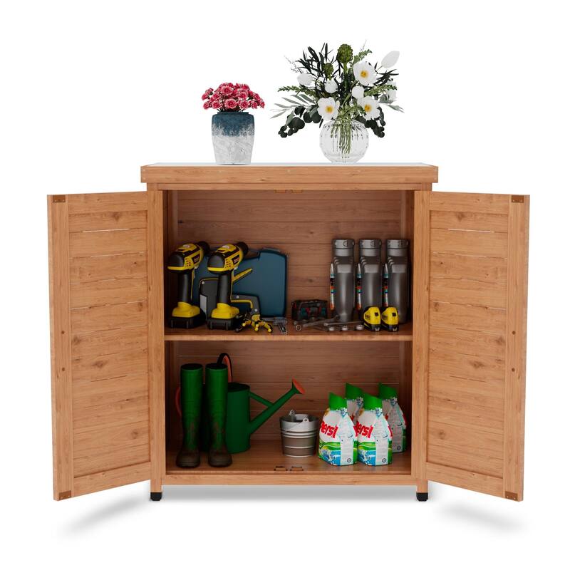 Wooden Patio Furniture with Metal-Tabletop, Potting Bench with Storage Cabinet, Outdoor Patio Storage Cabinet with Shelves