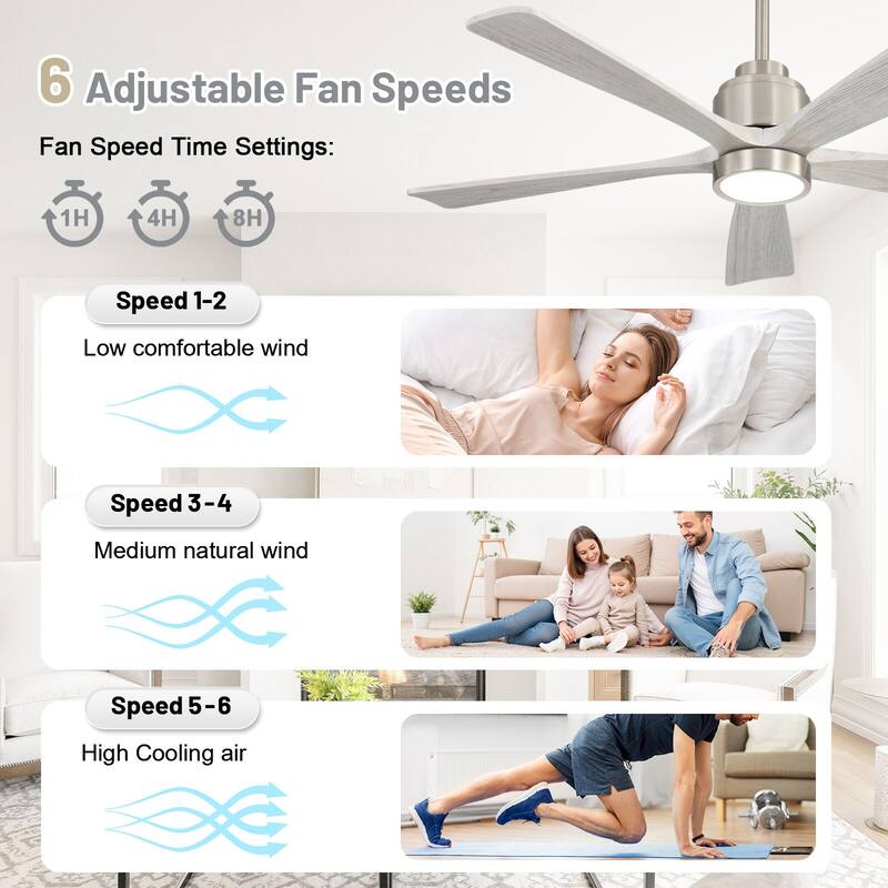 52" Solid Wood Noiseless Ceiling Fans with Dimmable LED Light Optional and Remote, 6-Speed Reversible DC Motor,Smart Optional