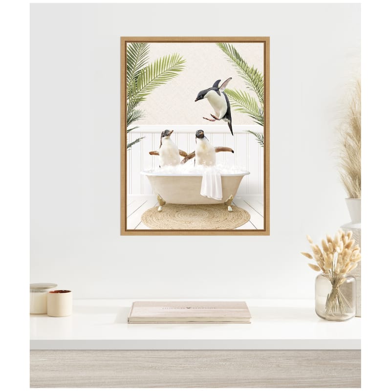 Kate and Laurel Sylvie Penguins in Palm Bathtub Framed Canvas by Amy Peterson