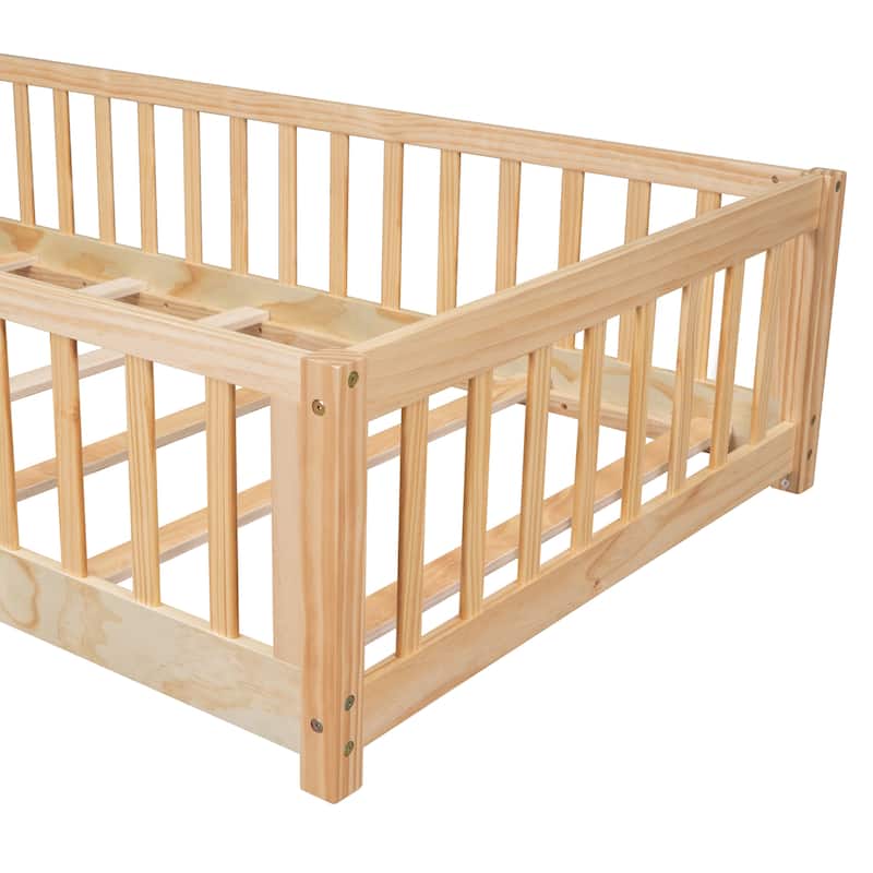 Pine Wood Floor Platform Bed with Fence and Door