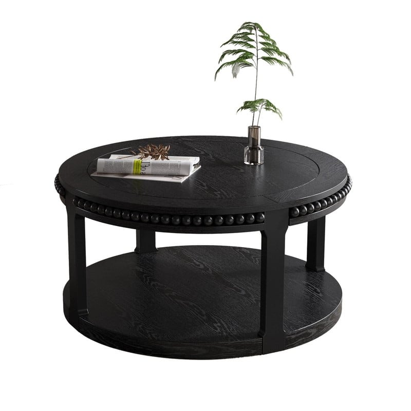 Round Solid Wood Coffee Table, Two-Tier Design with Sturdy Construction for Living Room Elegance