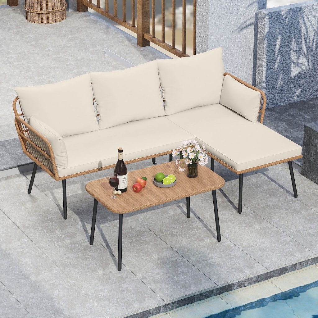 Gymax 3 Pieces L-Shaped Patio Furniture Set w/ Coffee Table Removable