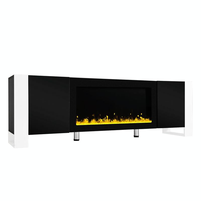 Glossy TV Stand with Non-Heating Electric Fireplace, 2 Cabinets