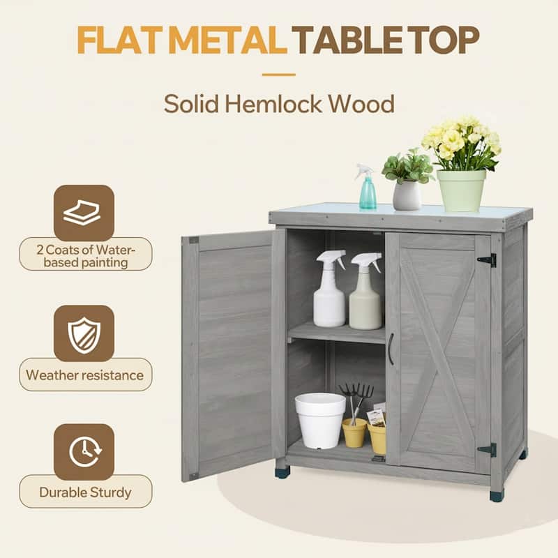 Potting Bench with Storage Cabinet and Metal Table Top for Outdoor Patio,Outdoor Work Station Table