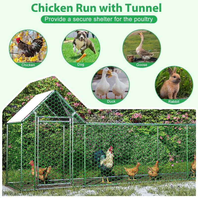 Metal Chicken Coop with Run, Backyard Hen House, and Covered Poultry Habitat Cage‌ - Silver