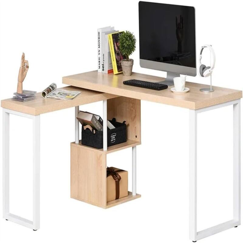 L Shaped Table with Storage Shelves - 48.5"D x 55"W x 30"H - Oak + White
