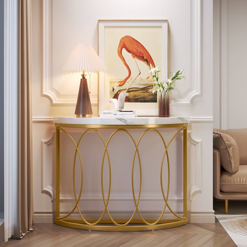 Half Moon Console Table for Entryway, 43 Inch Sofa Table with Faux Marble Top, White and Gold Accent Table