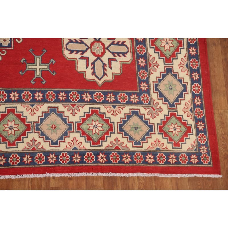 Geometric Kazak Oriental Area Rug Hand-Knotted Red Wool Carpet - 8'2"x 12'2"