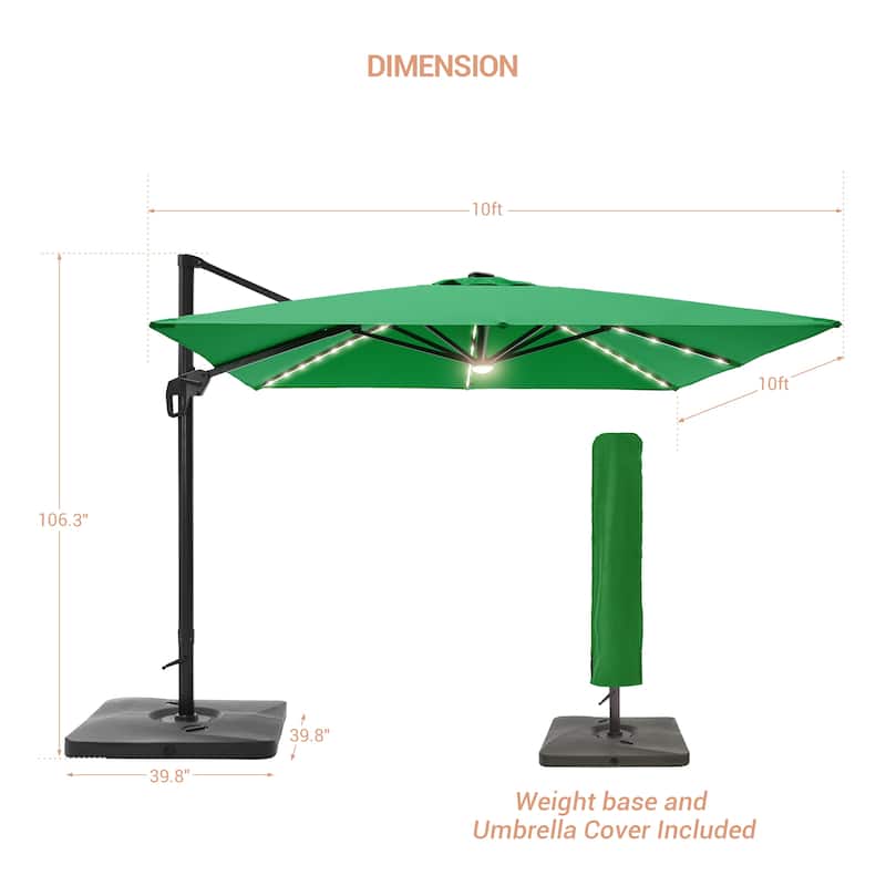 LIVOOSUN Patio10x10FT LED Aluminum Cantilever Umbrella Solution-Dyed Fabric w/Base