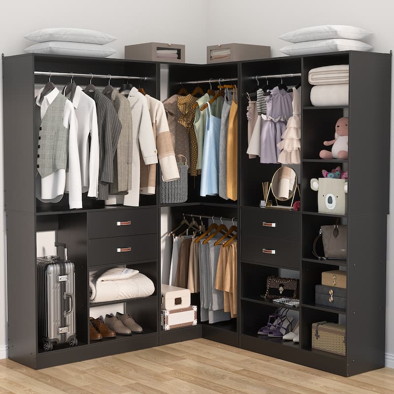51''-110'' Freestanding Closet Organizer with Hanging Rods, Set of 3 Corner Closet System with Drawers - Black