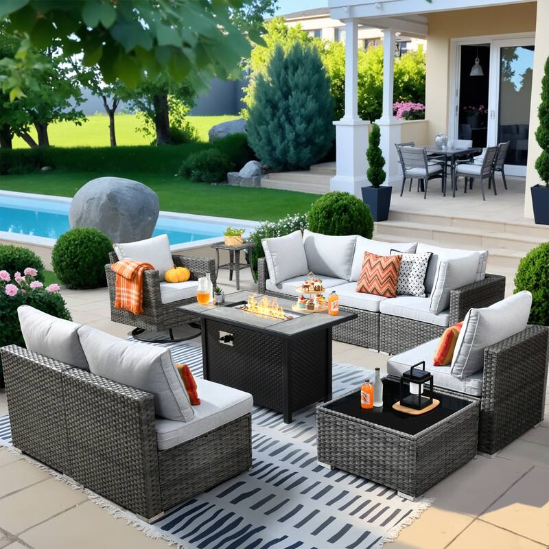 HOOOWOOO 10-piece Wicker Patio Furniture Sectional Sofa Set Swivel Rocker with Fire Pit Table - Grey