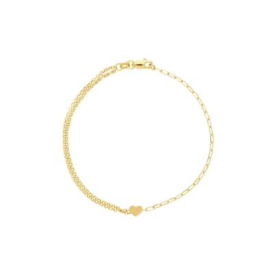 Curata 14k Yellow Gold 7.5" Double Strand Rolo and Paperclip Heart Bracelet
