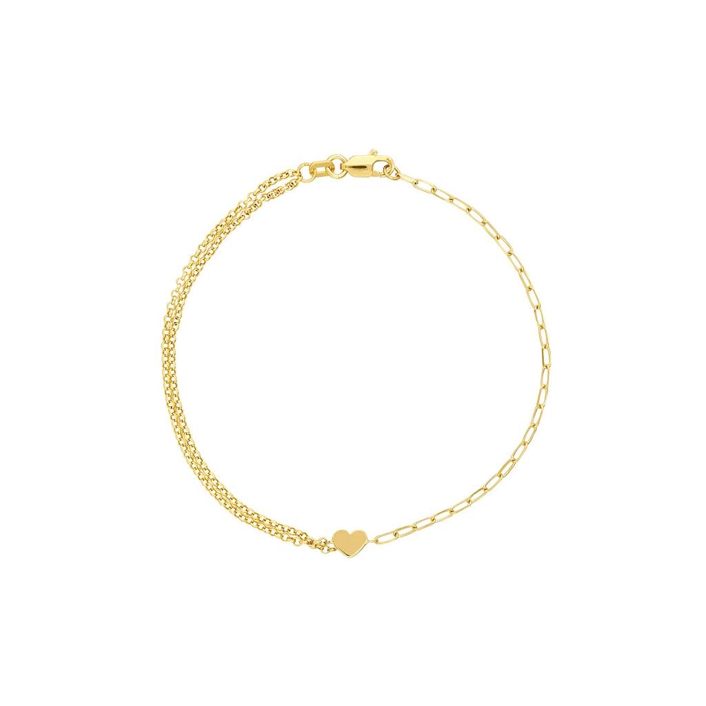 Curata 14k Yellow Gold 7.5" Double Strand Rolo and Paperclip Heart Bracelet