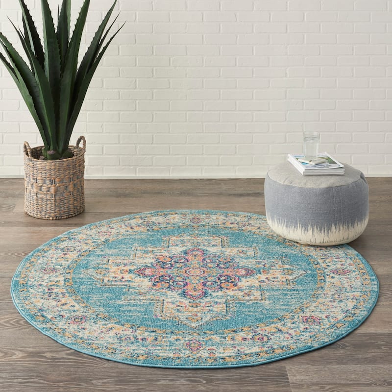 Porch & Den Dobbin Vintage Persian Medallion Farmhouse Area Rug - 4' Round - Light Blue