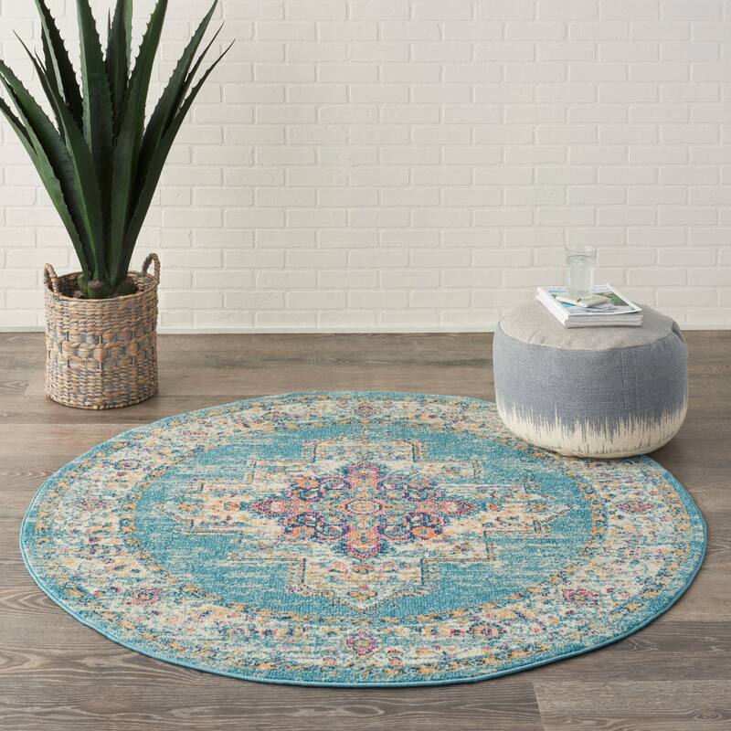 Porch & Den Dobbin Vintage Persian Medallion Farmhouse Area Rug - 4' Round - Light Blue