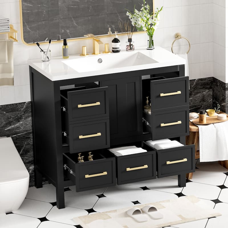 Roomfitters 36" Vanity with Resin Sink, Solid Wood Cabinet with 5 Drawers and Soft Closing Doors, Freestanding Storage Set
