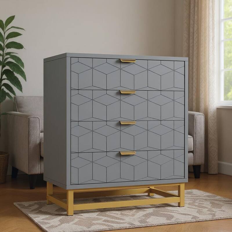 4 Drawer Dresser, with Metal Legs and Gold Handles - Grey