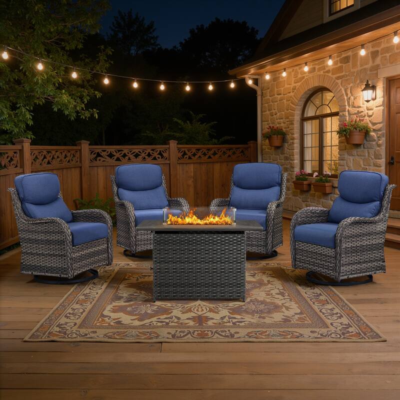 Meyreso 5-Piece Outdoor Patio Wicker Fire Pit 4 person Conversation Set with 5-Inch Thick Cushions - Navy Blue Cushions - Gray Wicker