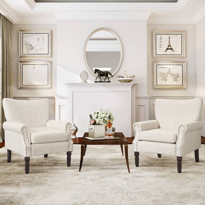 COZYMAN Modern Armchair Solid Wood Upholstered Fabric/Faux Leather Set of 2 Accent Chairs for Living Room - Beige/Fabric