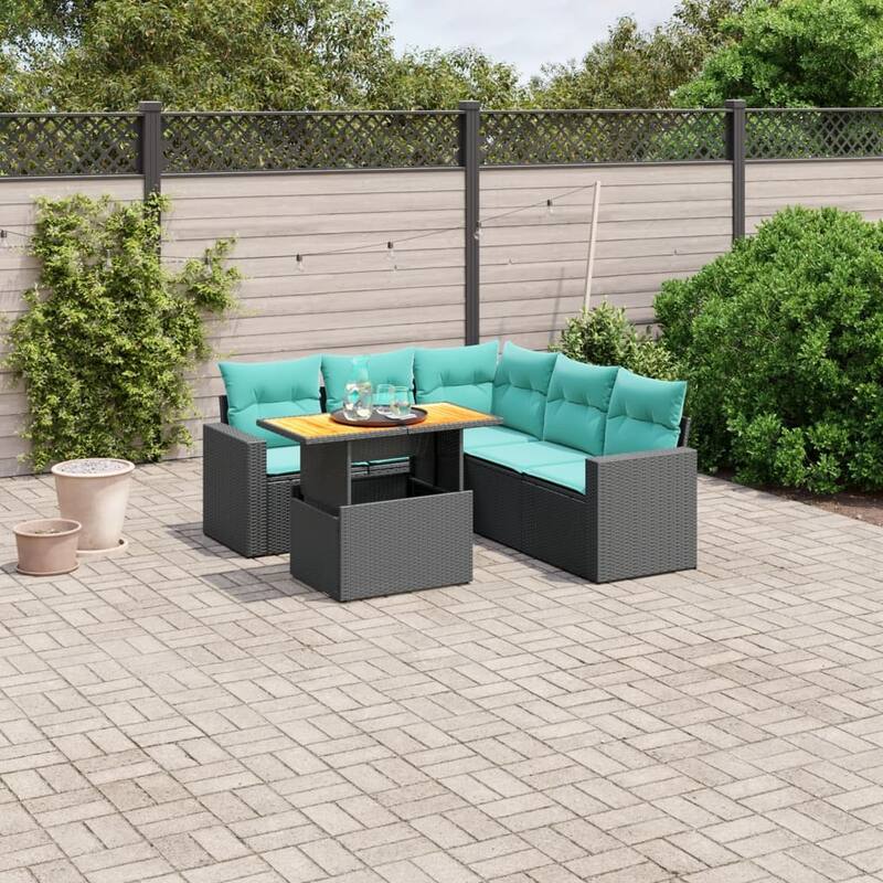 vidaXL Patio Sofa Set with Cushions Outdoor Furniture 6 Piece Poly Rattan - 24.4" x 24.4" x 27.2" - Black corner + Table + 2x middle