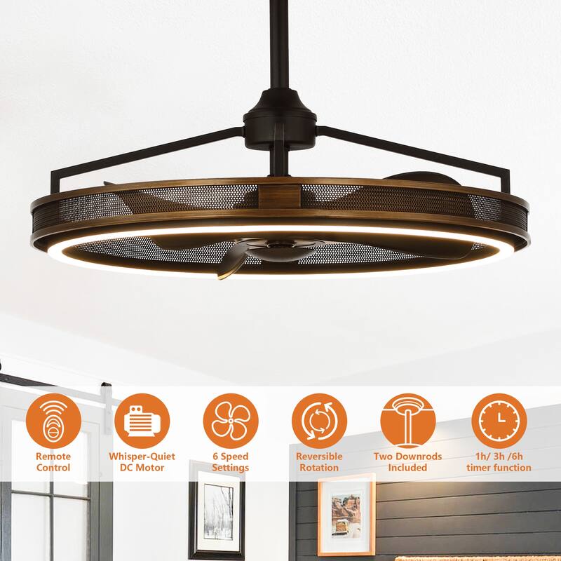 27-inch Industrial Bronze Mesh Caged Bladeless Ceiling Fan with LED Light and Remote