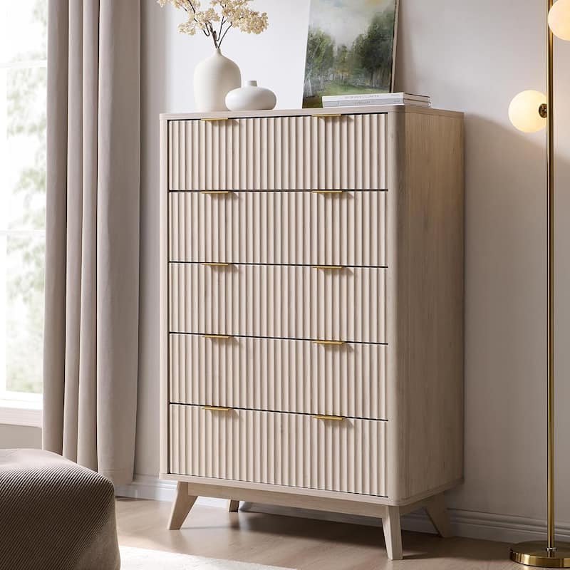 Modern Fluted 5 Drawers Dresser, Chest of Drawers, Dresser TV Stand - White Alder