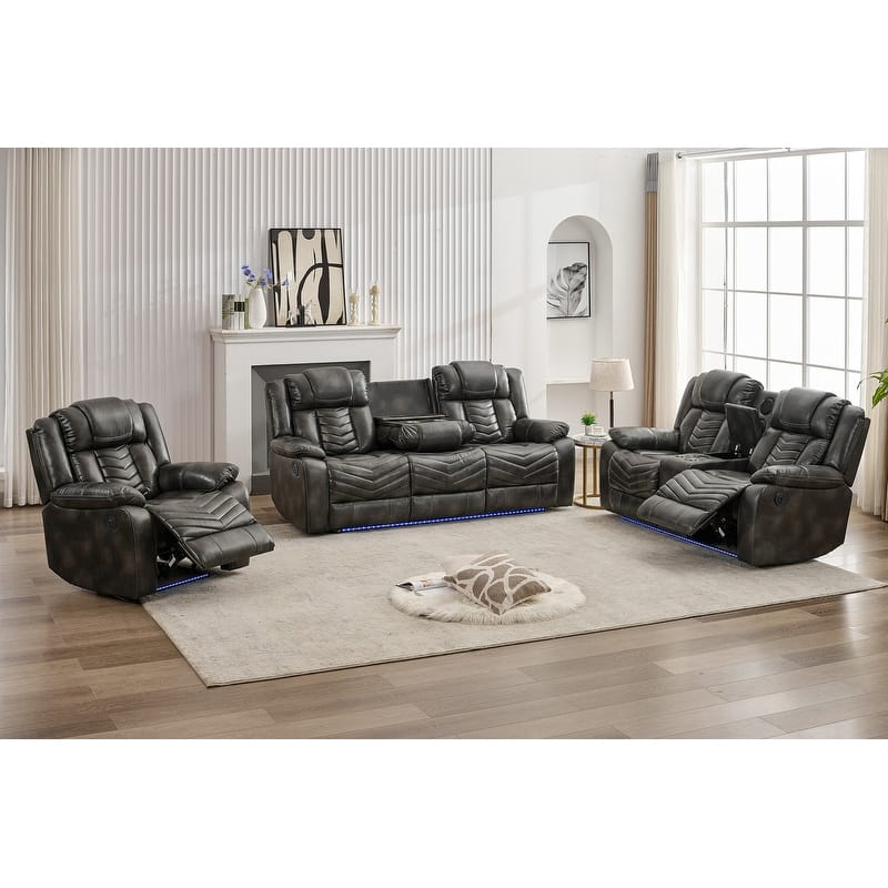 Power Recliner Sofa Set 6-Seater with Zero Gravity,Bass Speaker,Wireless Charger,USB/Type-C Ports,LED Lights,Cup Holders,Gray - Gray-3+2+1-Seat