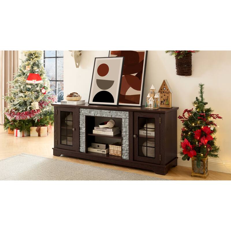 Modern TV Stand, Faux Stone Media Console Cabinet, Entertainment Center with 2-Door Storage, for Living Room, Cherry