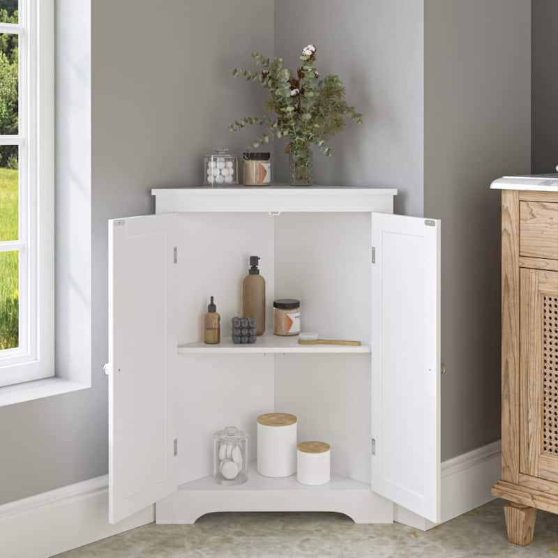 Anmytek White Corner Storage Cabinet for Bathroom and Kitchen Double Door Space Saving Organizer
