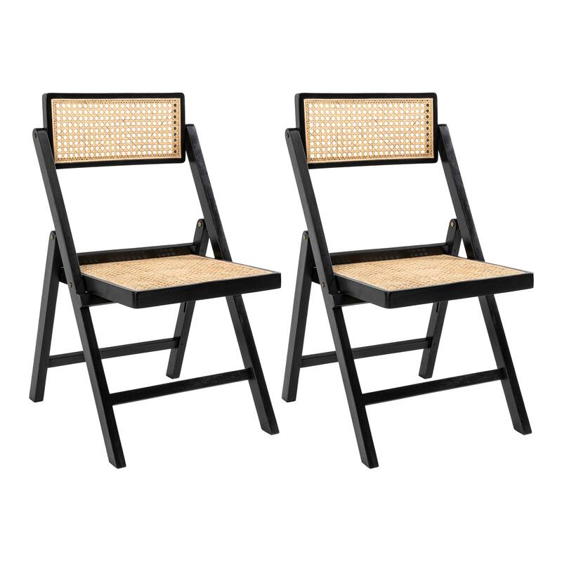 JONATHAN Y Olivier Mid-Century Vintage Wood Rattan Folding Chair with Adjustable Back, (Set of 2) - Black
