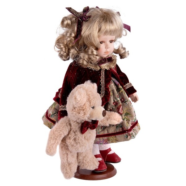 Vintage Porcelain Doll with Teddy Bear / Christmas Figurine - Bed
