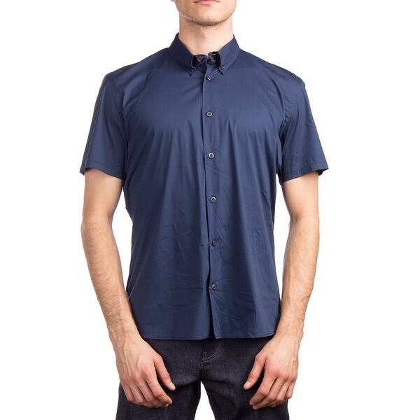 Shop Prada Men S Short Sleeve Cotton Dress Shirt Navy Blue