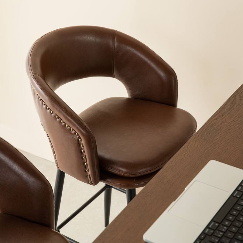 Glitzhome Set of 2 Mid-Century Modern 40.5"H Faux Leather Bar Stools with Nailhead Trim
