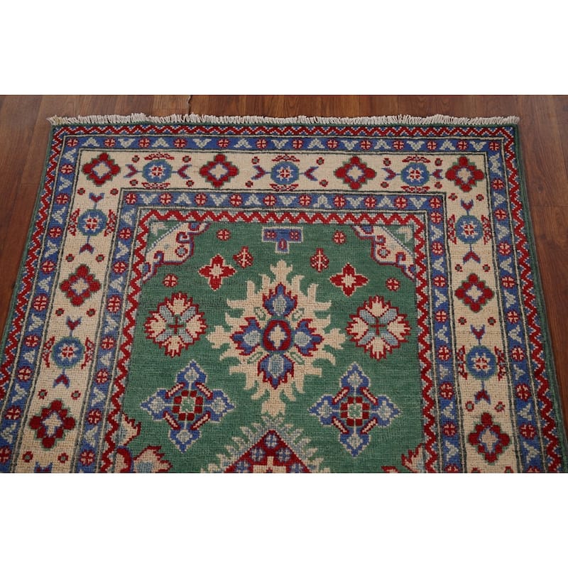 Green Geometric Kazak Oriental Accent Rug Handmade Wool Carpet - 3'4" x 4'10"