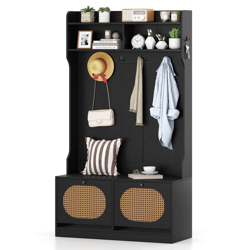 Costway 4-In-1 Hall Tree Entryway Bench with Coat Rack & Flip Drawers - See Details - Black