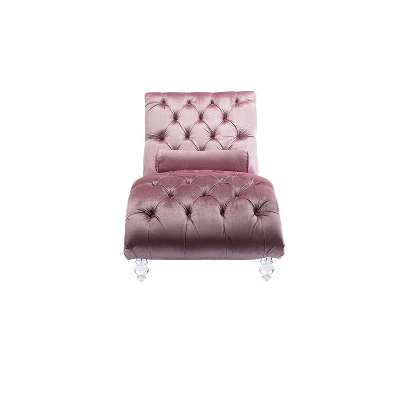 Pink Modern 63.98" Upholstered Buttons Tufted Chaise Lounge Chair with Pillow and Acrylic Legs