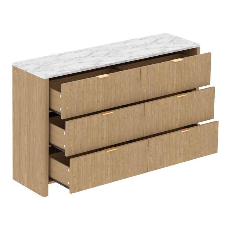 VEIKOUS 6-Drawer Dresser for Bedroom, Wooden Chest of Drawers with White Faux Marble Top