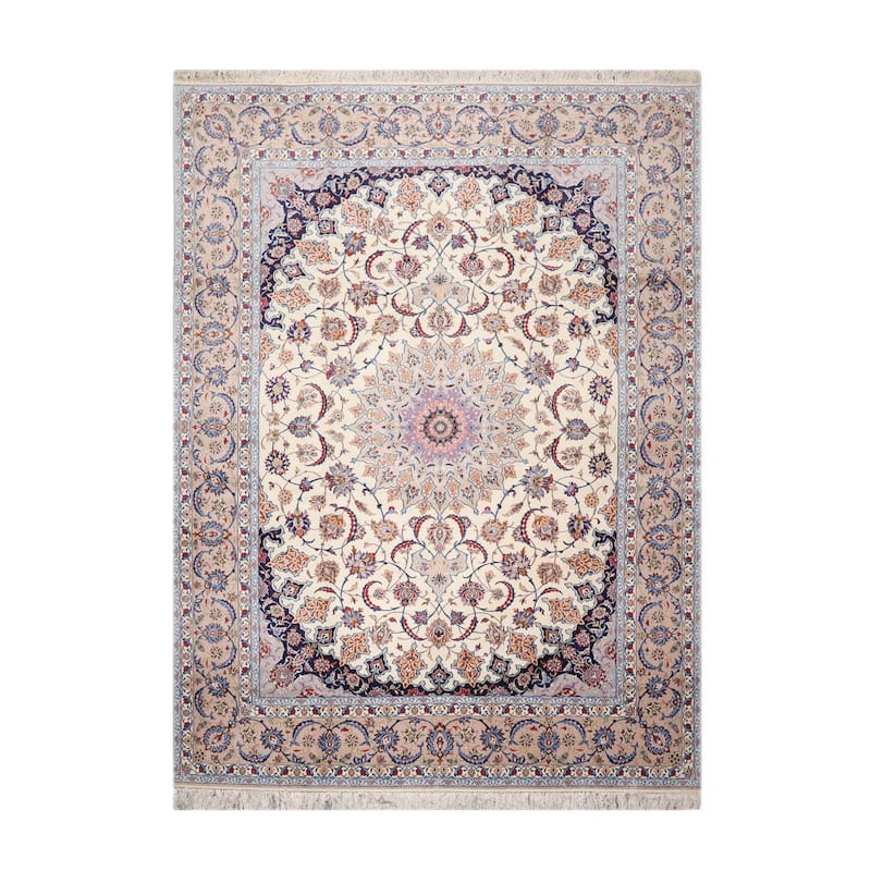 Hand Knotted Isfahan Cream Persian Wool & Silk Traditional Oriental Area Rug - 8' 5'' x 11' 9''