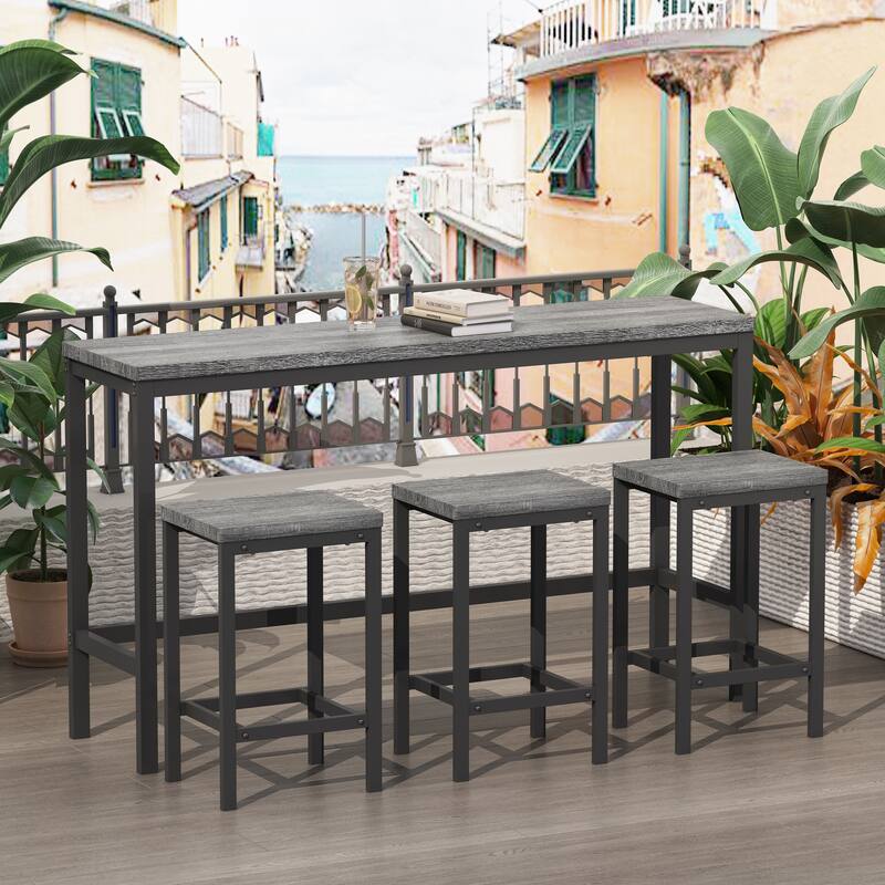 Long Dining Table Set with 3 Stools Pub Kitchen Set Side Table with Footrest