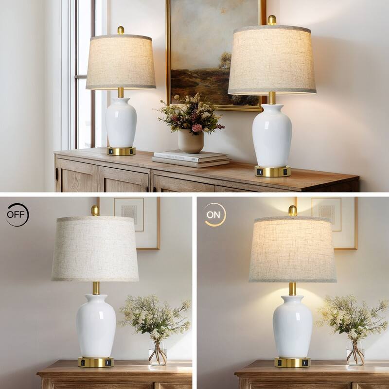 23.5" Elegant Ceramic Table Lamp with USB-C Charging, Gold Accents(Set of 2) - 12.5'' x 12.5'' x 23''