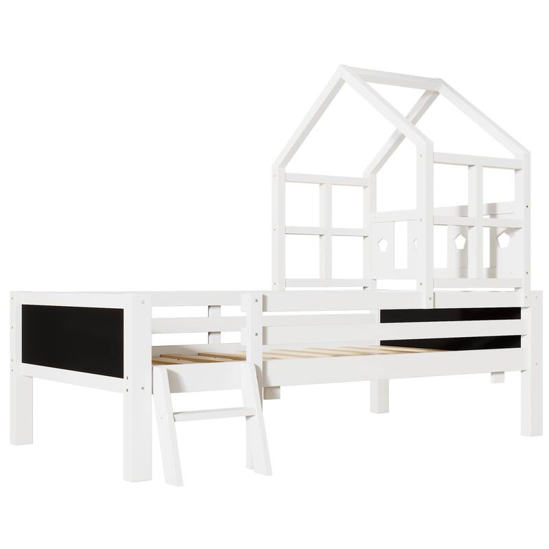 Full Size Kids' Loft-Style Bed with Ladder, Dual Blackboard Panels, and Underbed Storage Drawer, Solid Wood Frame